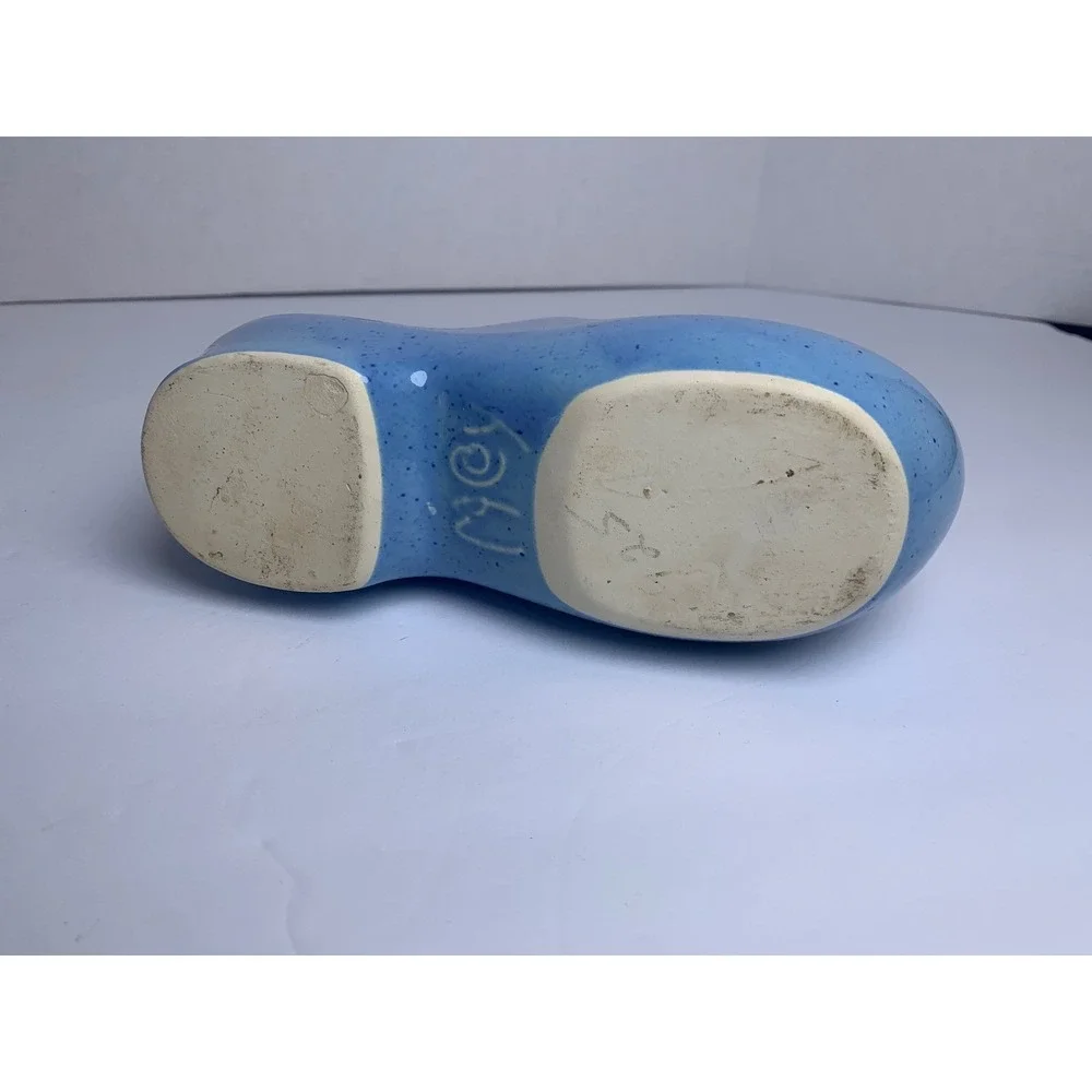 Vintage Blue Speckled Ceramic Dutch Clog Shoe Figurine Pink Rose Floral Planter